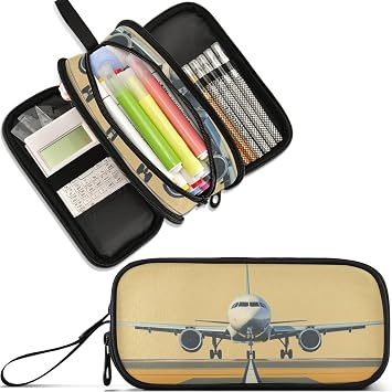 Airplane on Airport Pencil Case Large Capacity Pencil Pouch Boys Girls 3 Compartment Pen Bag School Office Stationery Organizer