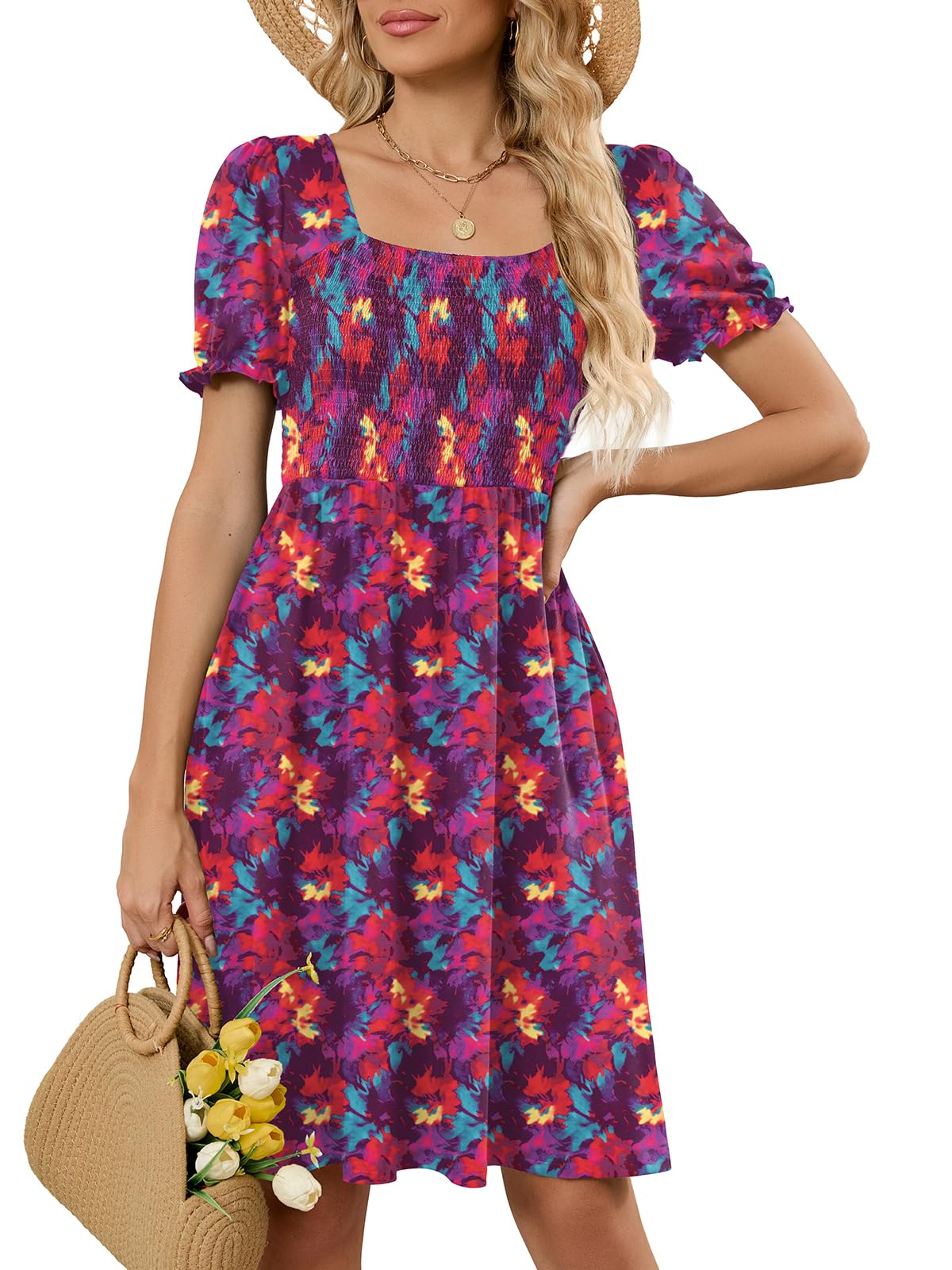 Naggoo Women's Summer Dresses Short Puff Sleeve Casual Square Neck Floral Print Smocked A Line Flowy Beach Sun Dresses Neon X-Large