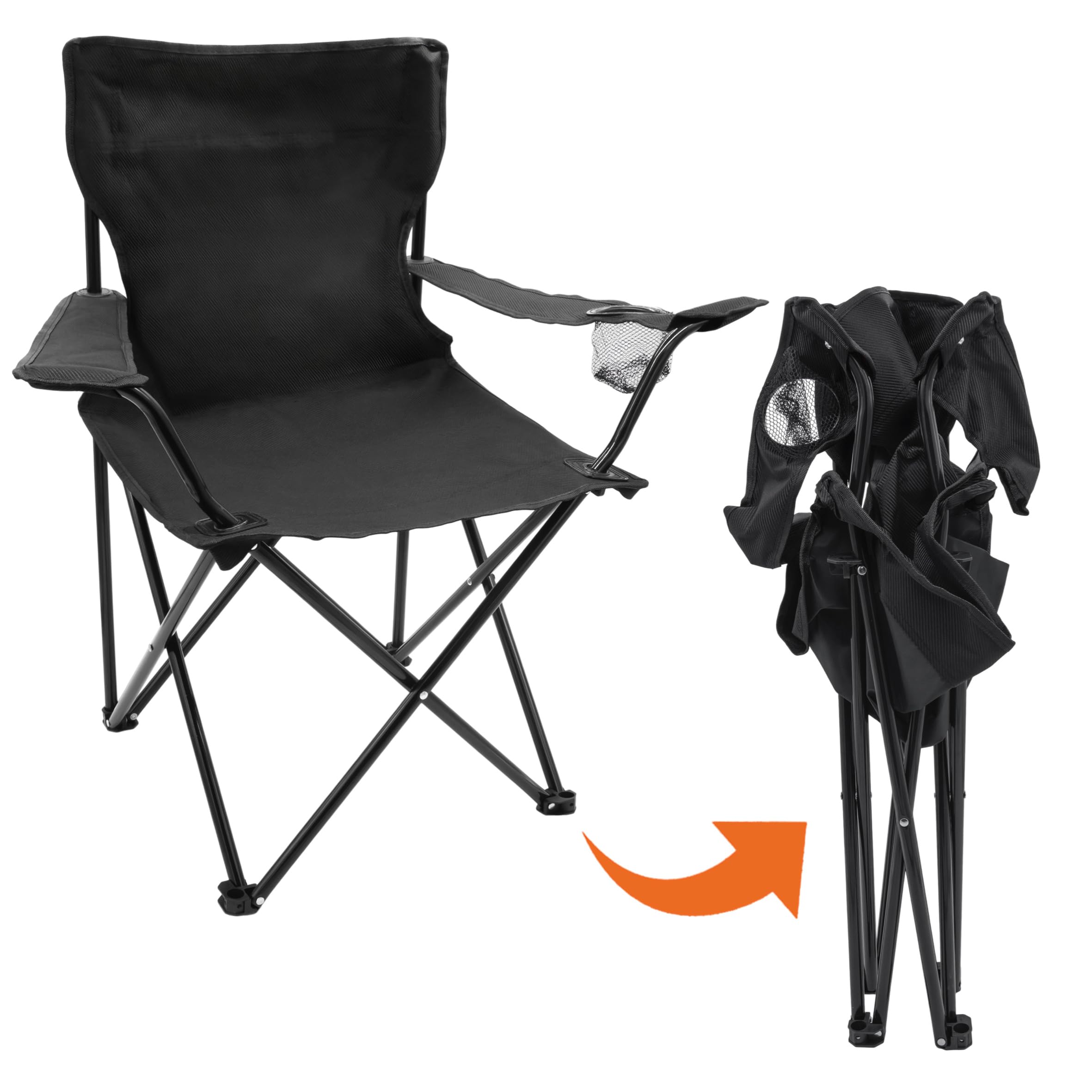 Spetebo Salon de camping noir 1 table + 2 chaises avec supports pour boissons intégrés – 3 pièces – Ensemble de table de jardin avec chaises pliantes jusqu'à 100 kg – Chaise pliable pour pêcheur
