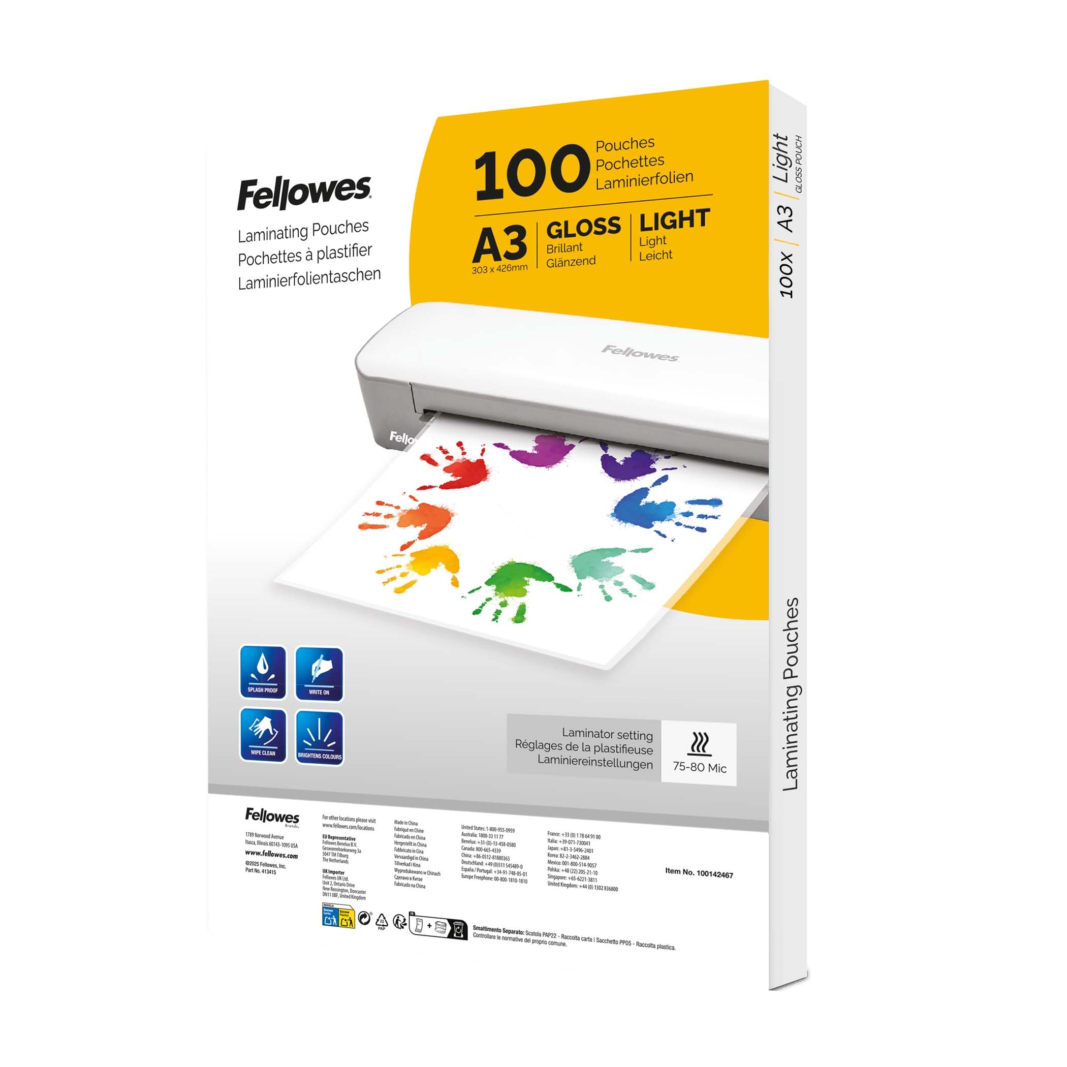 Fellowes A3 Laminating Pouches 100 Pack Gloss Finish Laminator Sheets for Home, School or Office Ideal for Posters, Signs & Documents Compatible with All Laminators