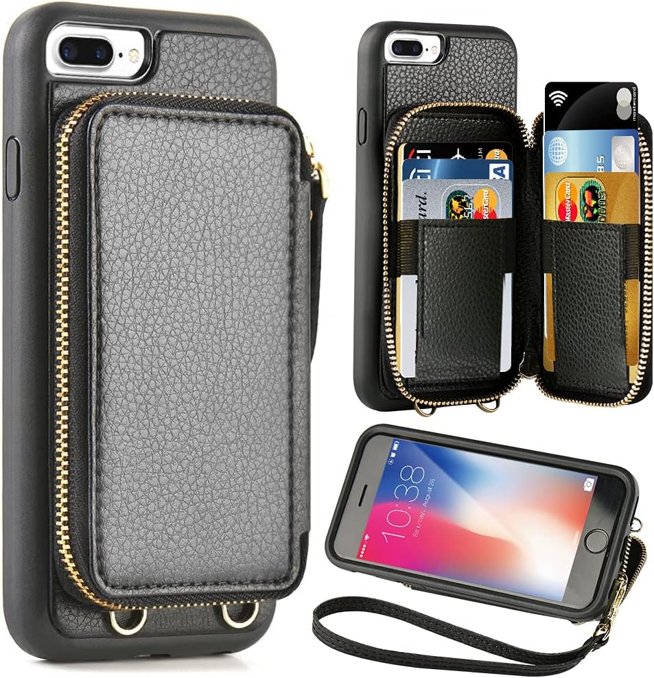 ZVE iPhone 8 Plus/7 Plus Wallet Case, 5.5 inch, Zipper Wallet Pocket Purse with Credit Card Holder Slot, Protective Case Cover - Black