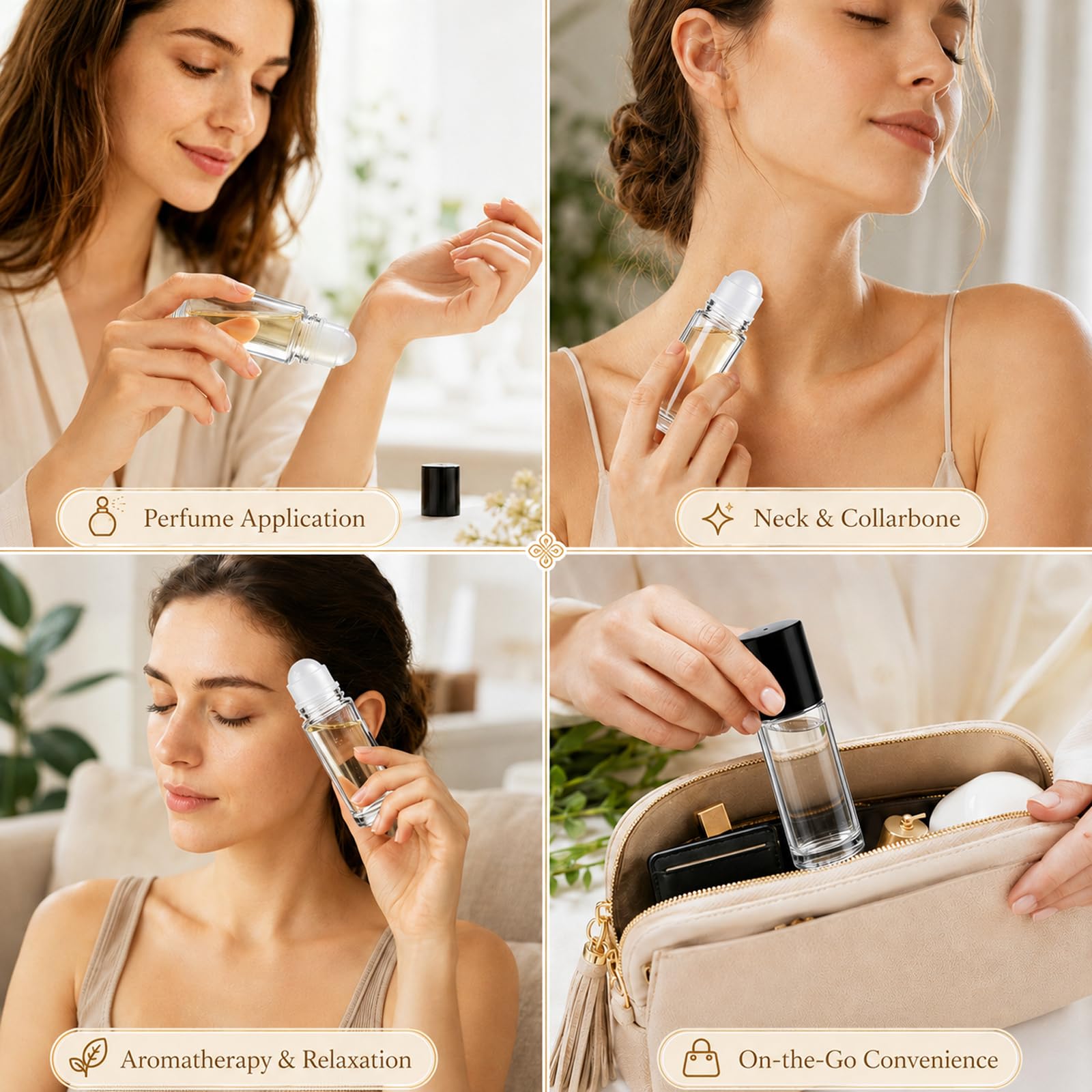4 x 50ml Botellas de Rodillo de Vidrio, Botellas Vacías con 2 x 5ml Pipetas, Embudo de Plástico & Pegatina, Anti-Fuga para Aceites Esenciales, Perfume, Aromaterapia