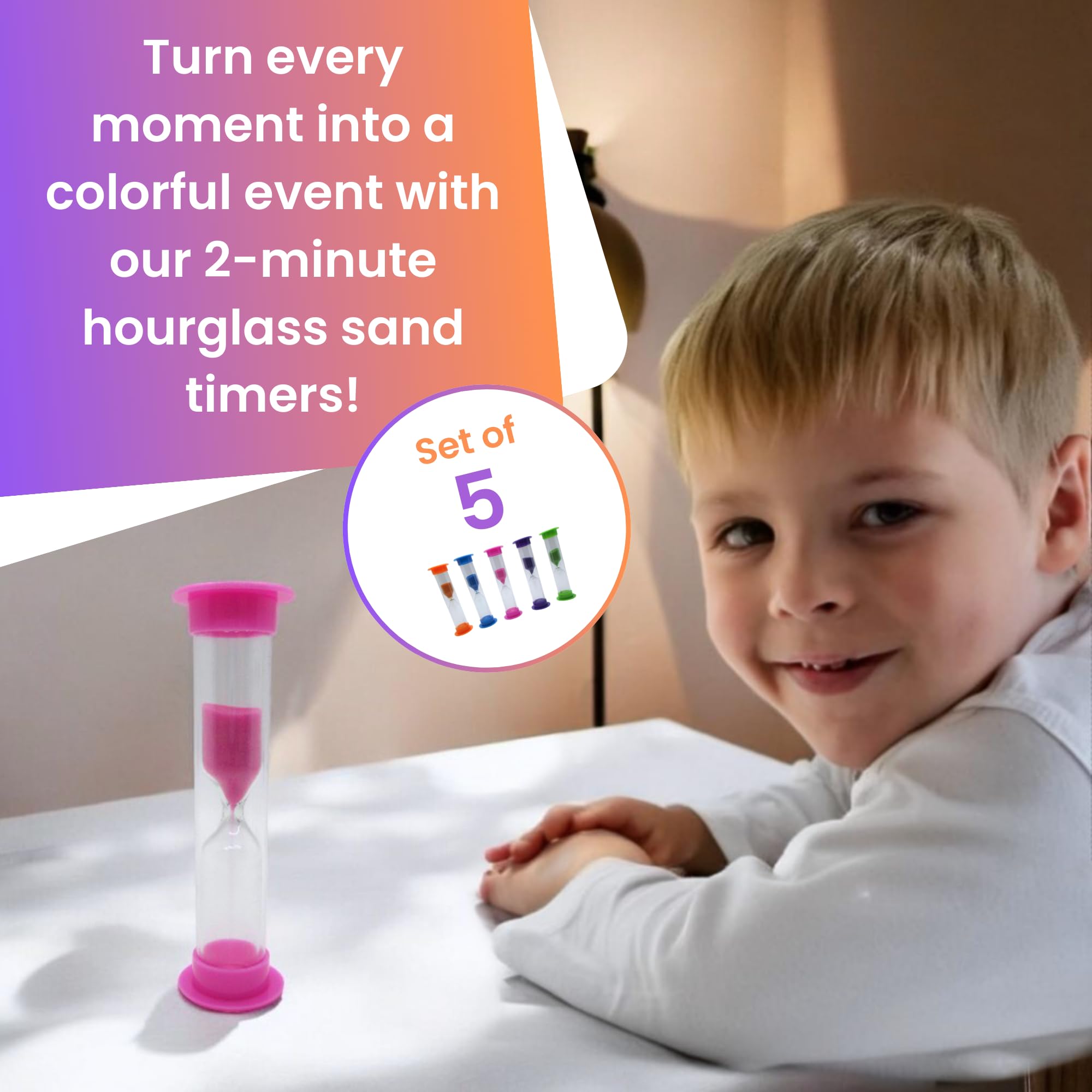 Gadgetime USA Hourglass Sand Timer - Set of 5-2 Minute Sand Timers in Orange, Pink, Purple, Blue, Green - Premium Sturdy Material, Beautiful Design & Novelty Gift - Image 2