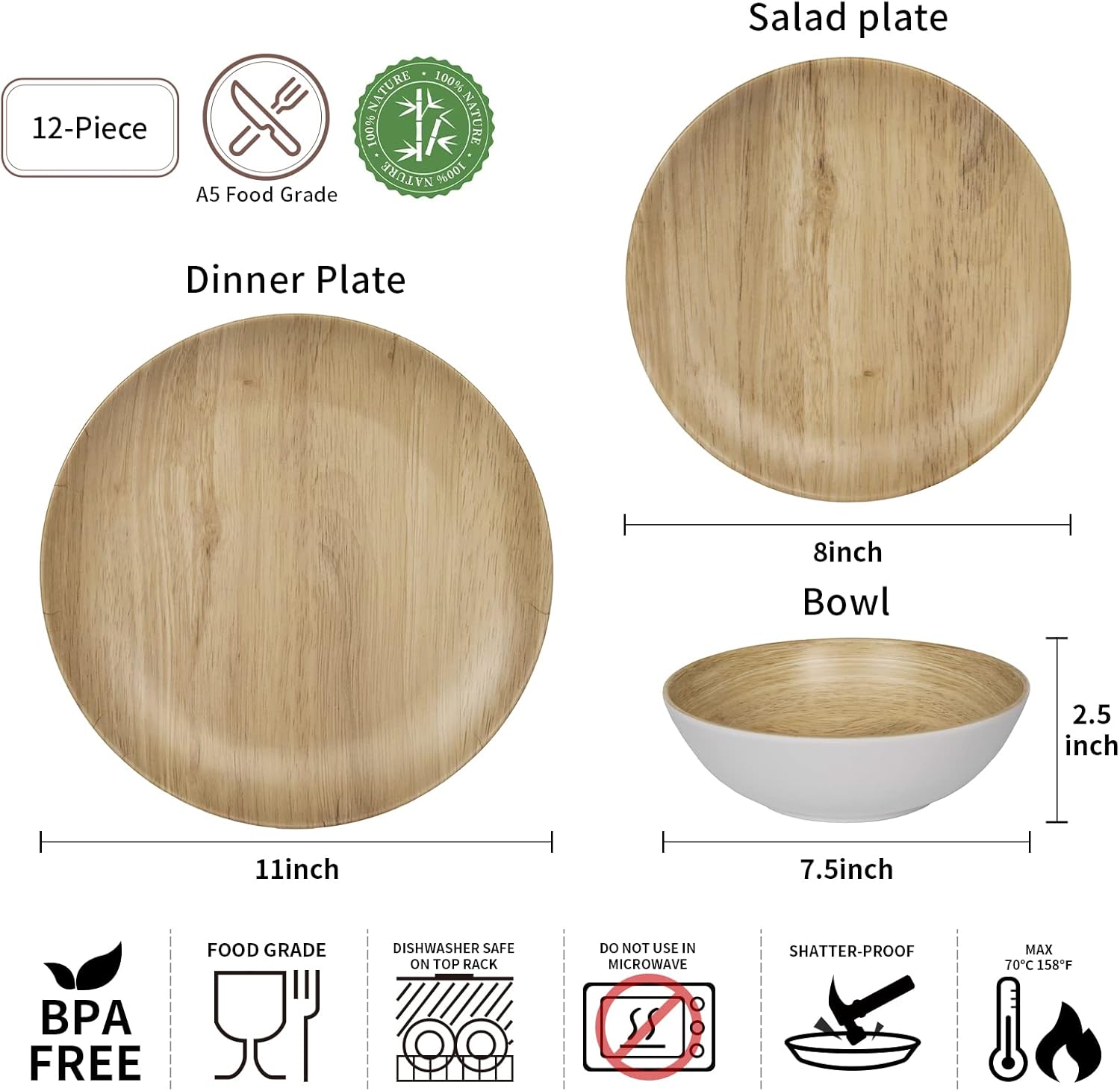 Melamine Dinnerware Set - 12pcs dinnerware set Indoor and Outdoor use, Bamboo Pattern Dishes Dinnerware Set for 4,Dishwasher Safe (Wood Grain)