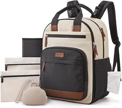 mommore Diaper Bag Backpack, Insulated & Waterproof, Stroller Straps, Black White