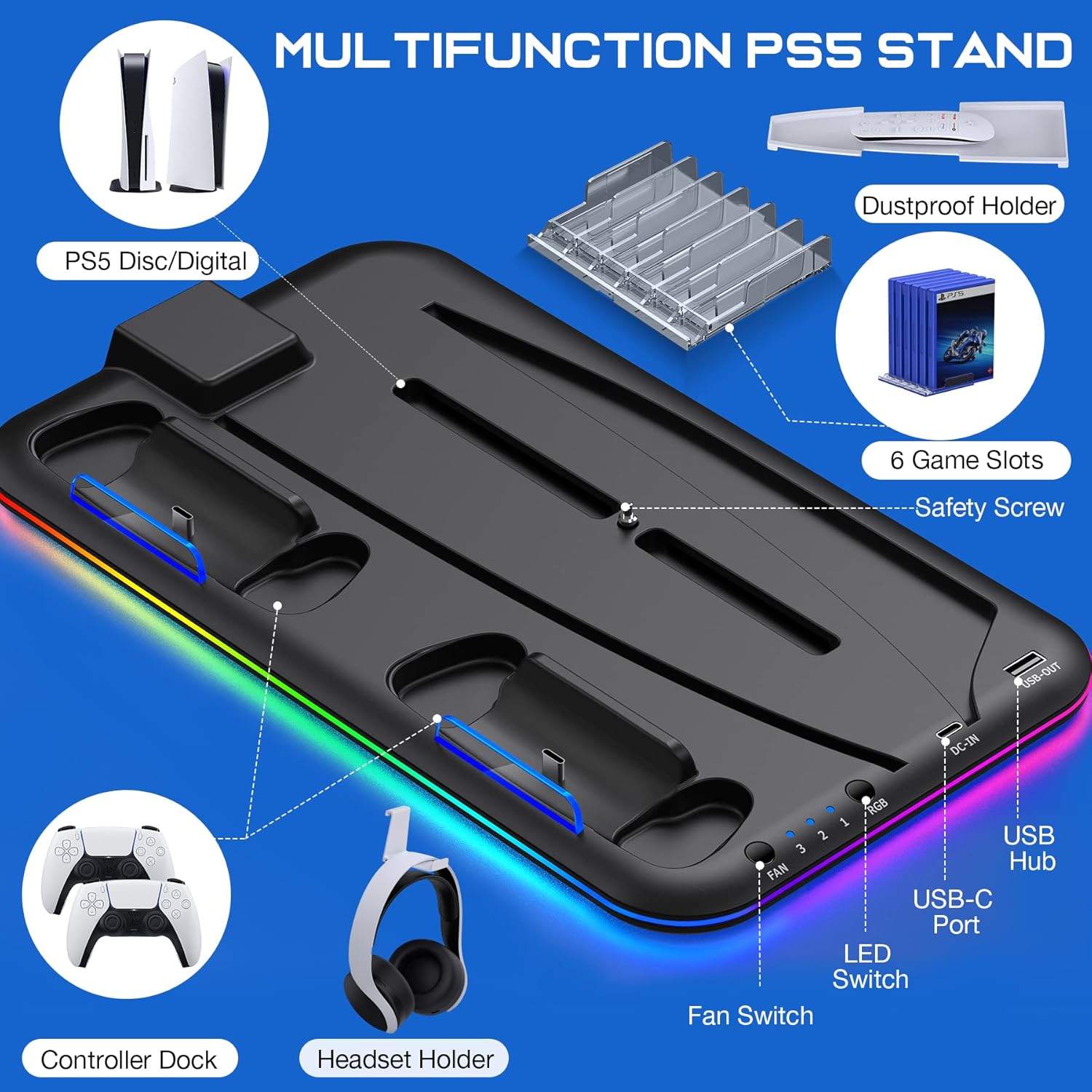 Buy PS5 Stand with Cooling Fan and Dual Controller Charger Station for