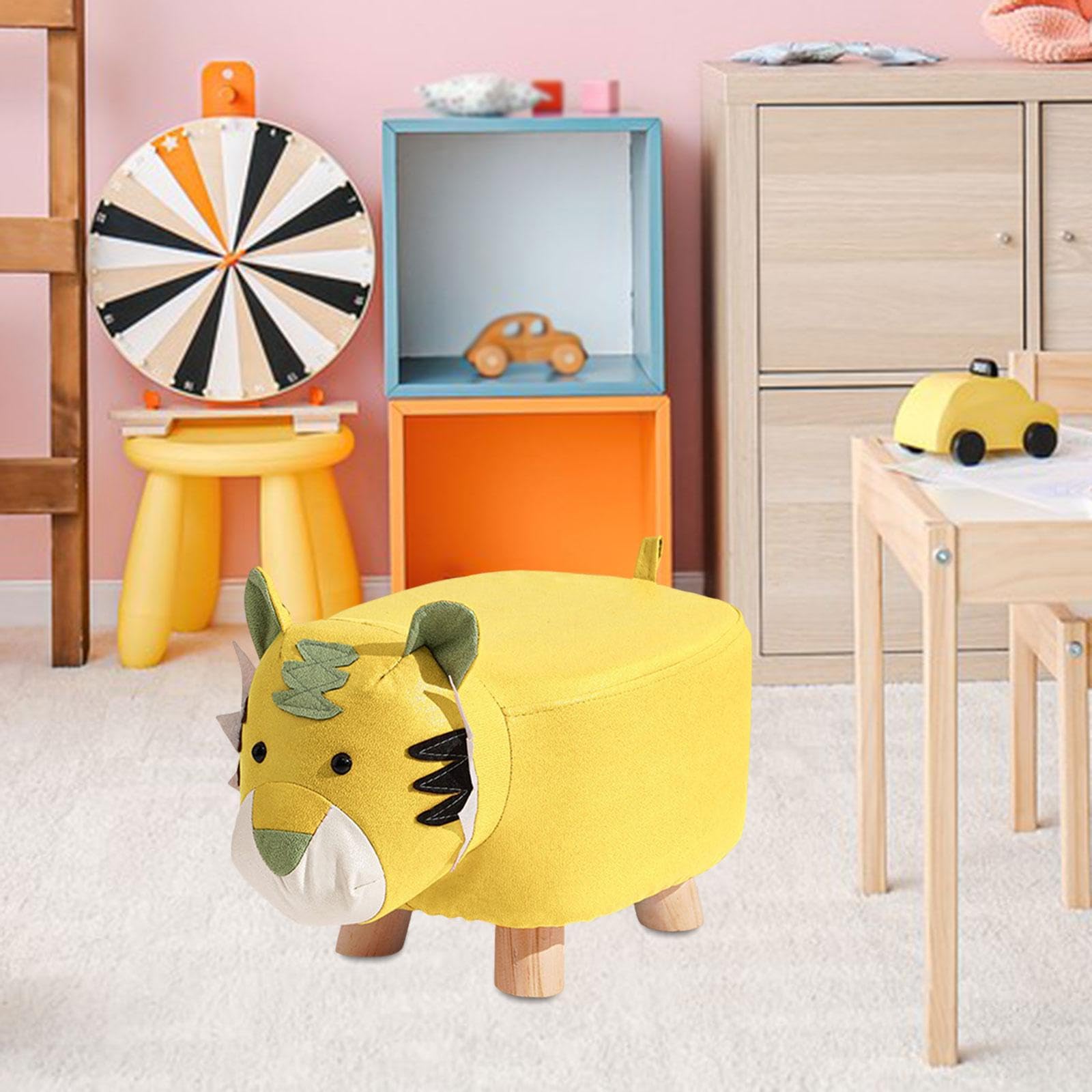 Milageto Fußhocker mit Tiermotiv, Schuhwechselhocker, süßer Cartoon-Lernhocker, Fußstütze, Sitzkissen, Stuhl für Wohnzimmer, Nachttisch, Eingangsbereich, Gelb Tiger