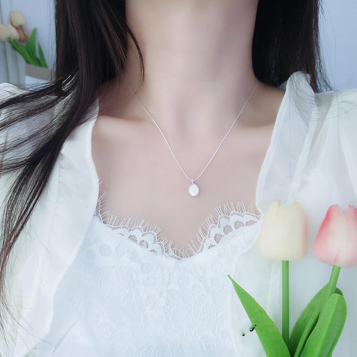 Oval Blue Gemstone Necklace Silver Moonstone Silver Pendant Necklace Minimalist Jewelry Everyday Elegant Party Jewelry Chic - Image 7