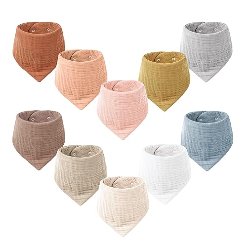 Konssy Muslin Baby Bibs 10 Pack Baby Bandana Drool Bibs 100% Cotton for Unisex Boys and Girls, Soft Absorbent Set for Teething and Drooling