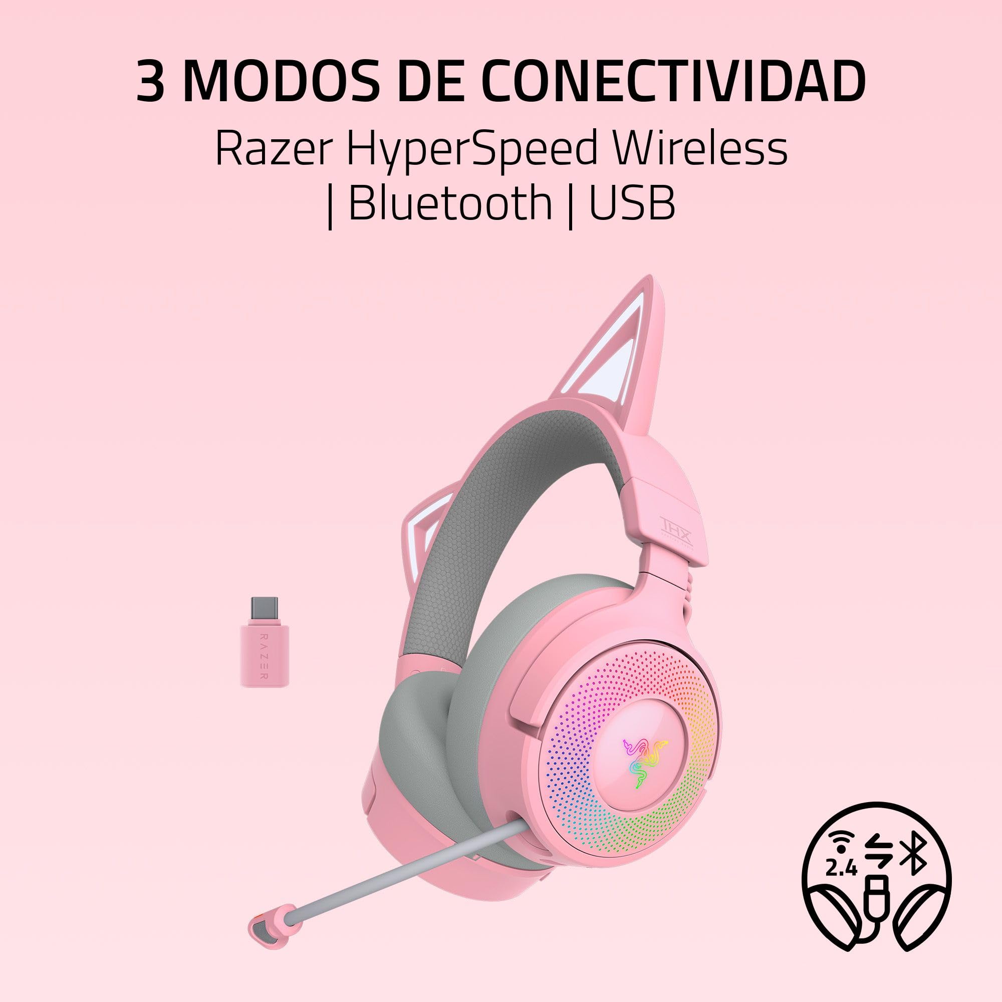 Razer Kraken Kitty V3 Pro - Auriculares inalámbricos RGB Kitty para Juegos - Orejas de Gato reactivas para Streaming - Diafragma 40mm - Hyperspeed Wireless y Bluetooth - THX Spatial Audio | Quartz
