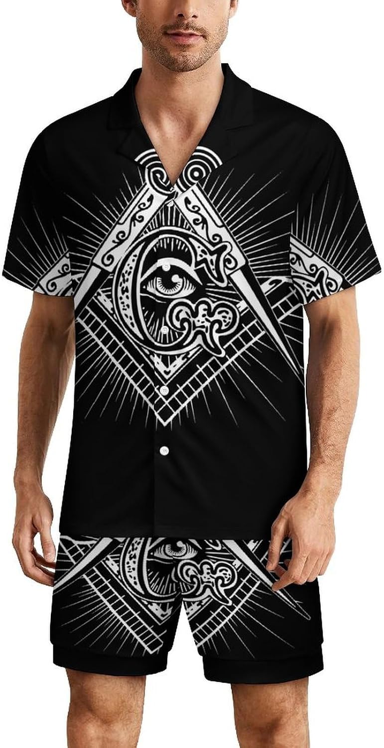 Masonic Freemason Square Compass Men's Short Sleeve Pajama Set Satin Silk Like Lounge Sleepwear