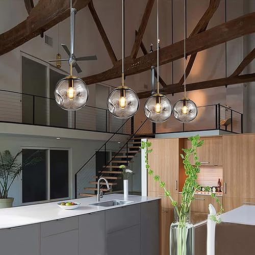 Miniatura 4 de Brikey Lámpara colgante esférica de vidrio, lámpara de techo colgante de hierro dorado y globo de vidrio (7.8 pulgadas, gris)