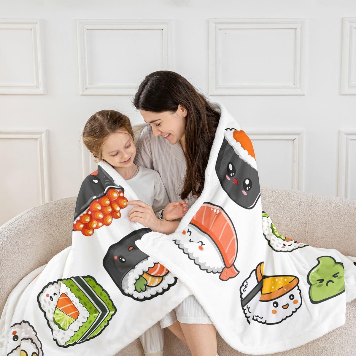 Erosebridal Sushi Pattern Flannel Blanket, Japanese Style Sherpa Blanket, Food Theme Throw Blanket for Kids Boys Girls Teens, Cute Cartoon Japanese Sushi Bed Blanket Throw 50"x60"
