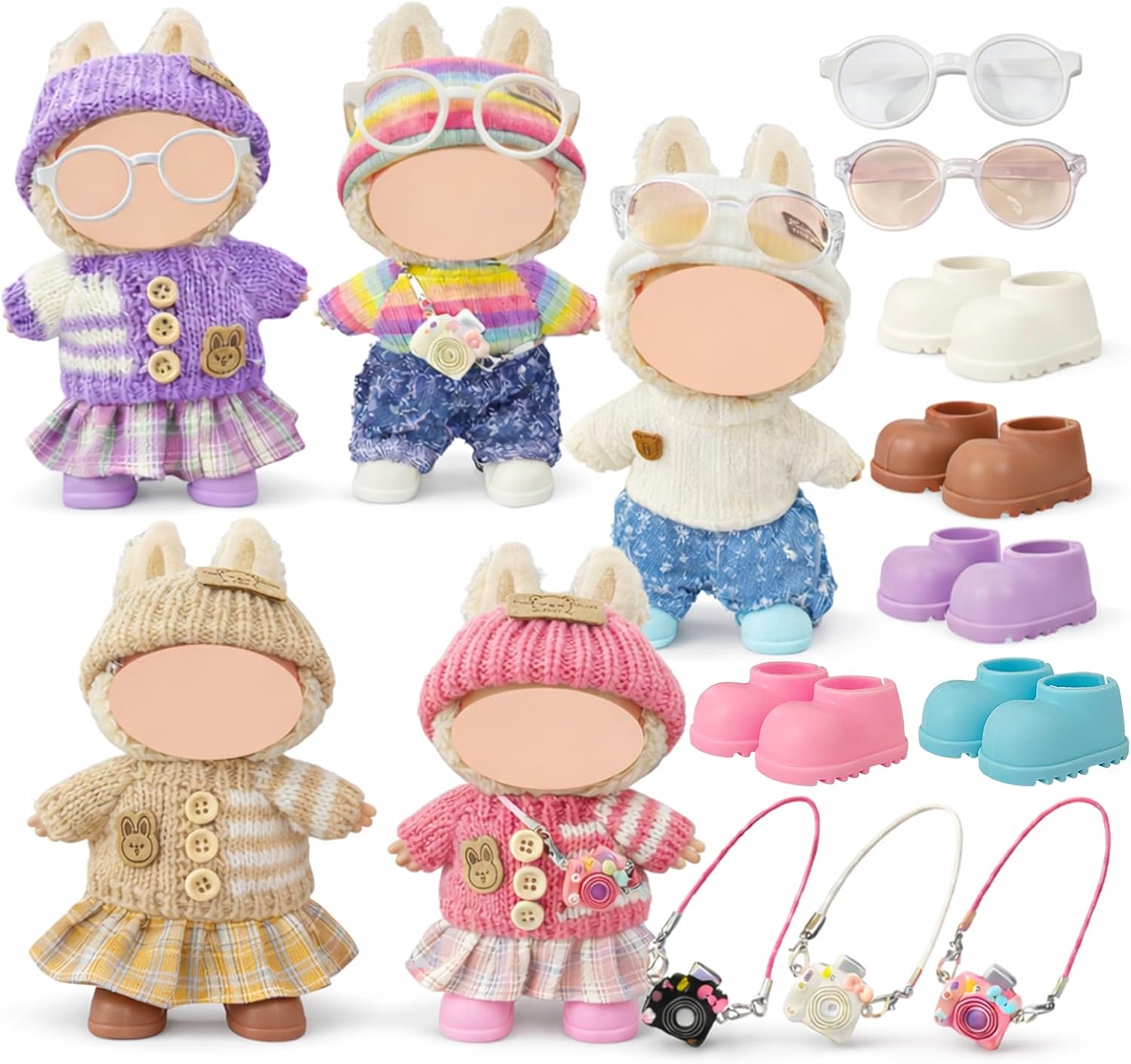Ezcora 17cm Doll Clothes Outfit Set, 5 Cozy Knit Outfits with Hats, Skirts, Shorts and Doll Accessories, Perfect for Play and Display, Doll Accessories for Collectors (No Dolls)