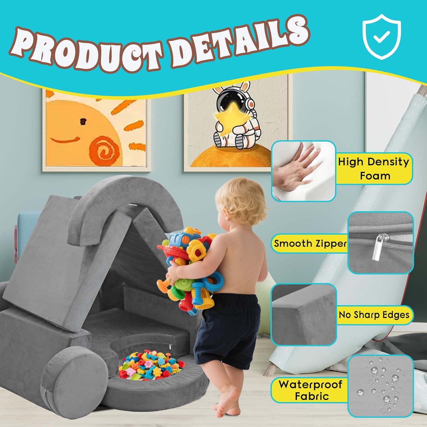 13Pcs Modular Kids Play Couch Toddler Couch Kids Sofa Playroom Furniture Convertible Foam and Floor Cushion Highly Elastic Foam for Boys and Girls (Light Gray)