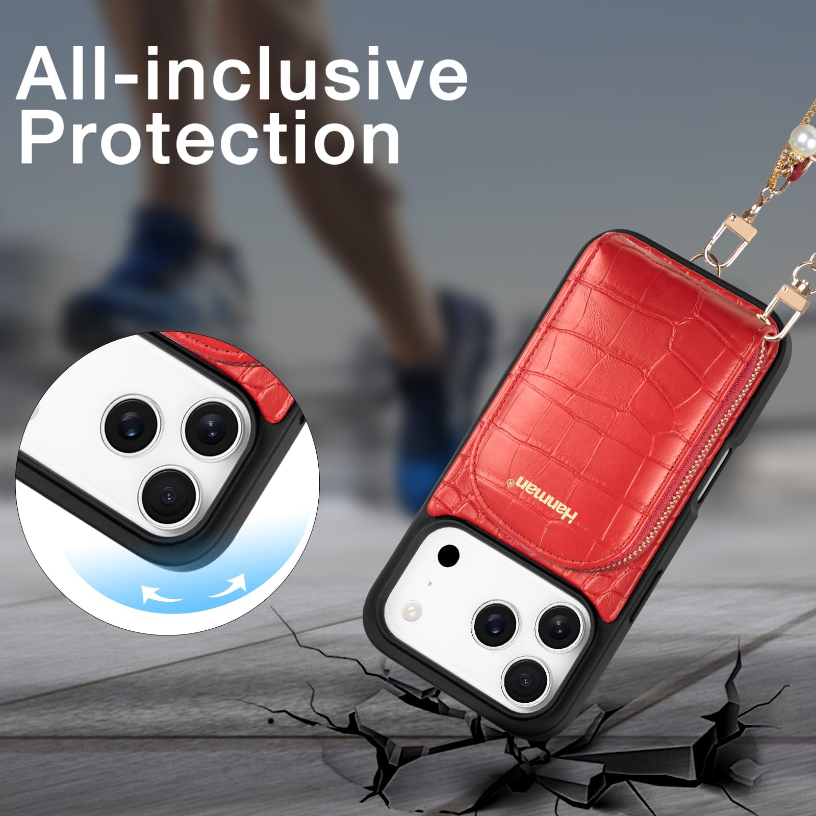 Hanman Funda para iPhone 17 Pro Max, funda de piel estilo cartera a prueba de golpes, 4 ranuras para tarjetas antirrobo RFID integradas y correa de muñeca desmontable, diseño magnético 2 en 1, color