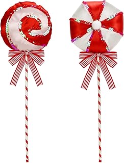 2Pcs Large Candy Lollipop Ornaments,15 inch Fake Swirl Lollipop Spray Sequins Velvet Peppermint Candy Picks for Christmas Tree Decoration Topper Vase Fillers Holiday Party Supplies (Red)