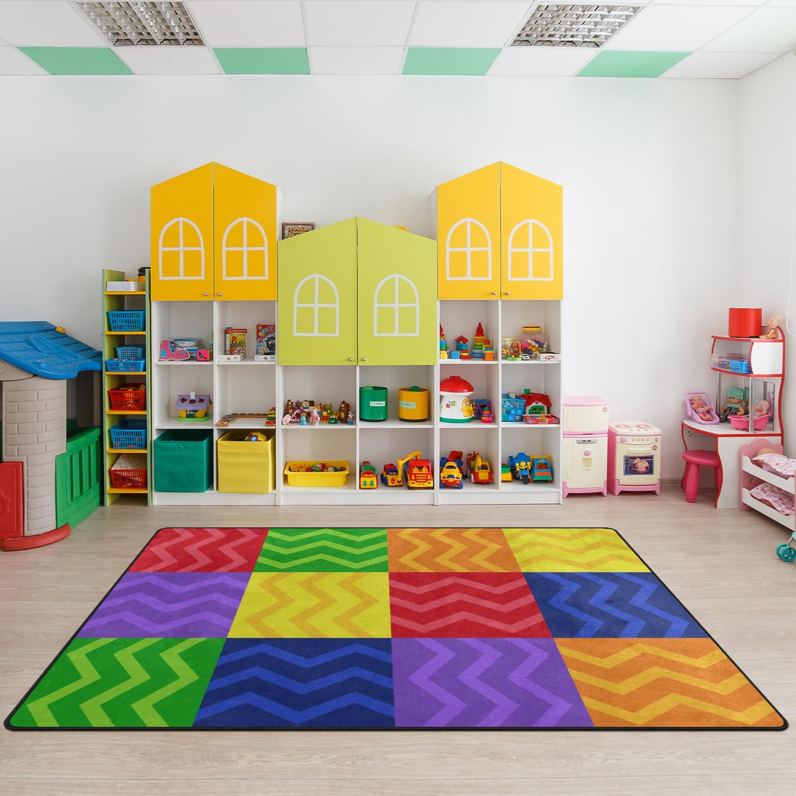Kids Playmat Rug, Soft Classroom Seating Area Rugs - 5x7 Ft Nursery Carpet with Rubber Backing, Colorful Checkered Rug Suitable for Preschool, Artroom, Library and Reading Area, Multicolor