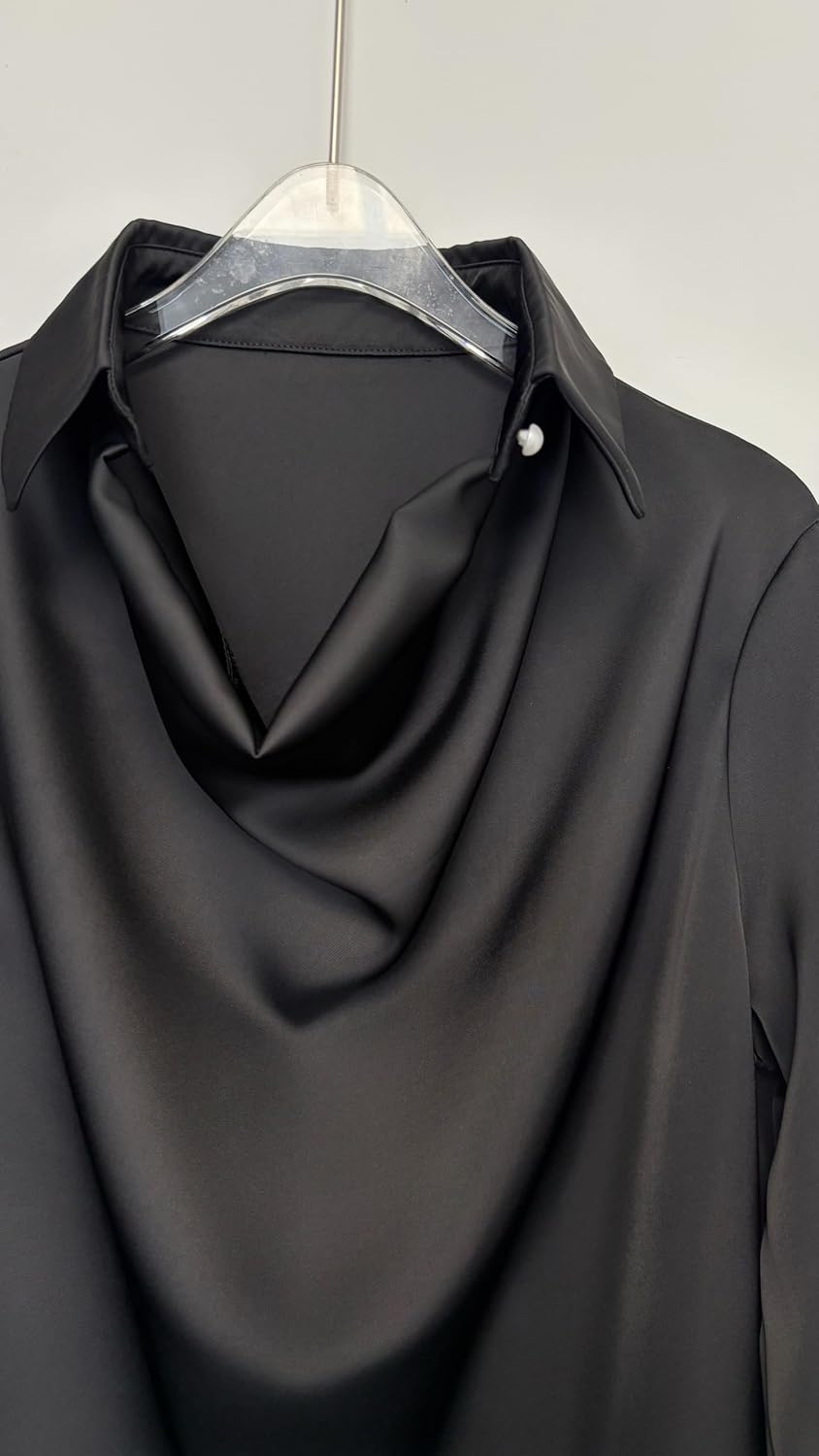 CORIRESHA Women's Elegant Cowl Neck Satin Blouse Long Sleeve Office Work Shirt Silk Top - Image 2