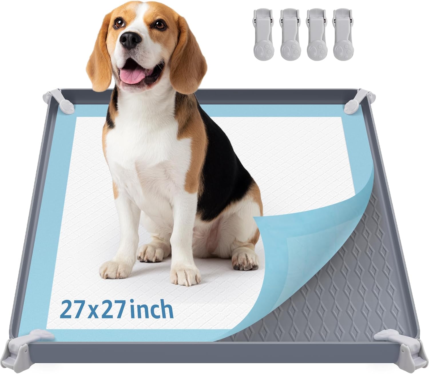 LOOBANI 2 Packs Dog Grass Pee Pads 14x23 inch & Dog Pee Pad Holder with 4 Clamps，Fits Up to 27" x 27" Training Pads, Gray