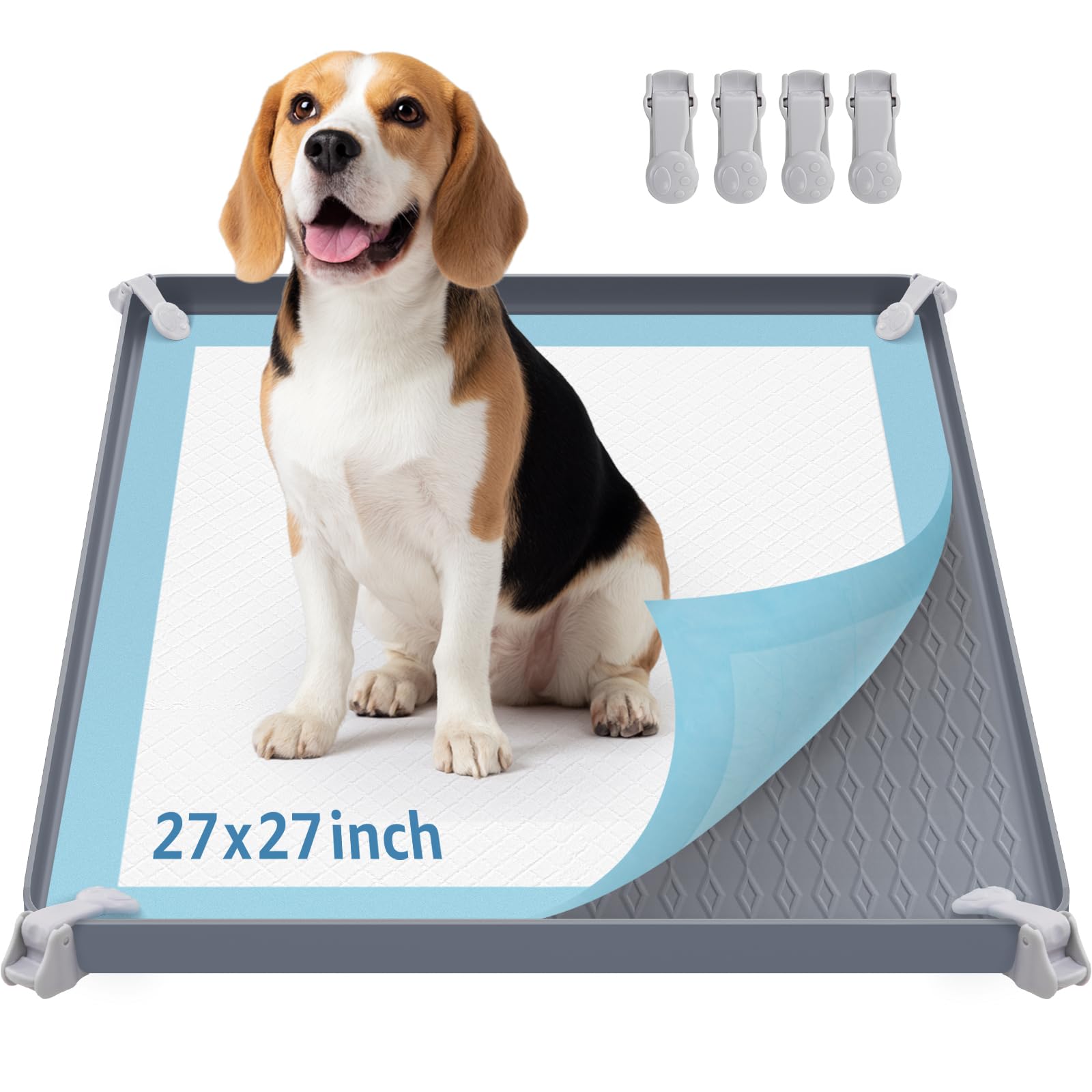 LOOBANI Dog Pee Pad Holder - Silicone Dog Potty Tray, High Edge Puppy Pad Holder Tray with 4 Clamps, Non-Slip, Portable, Leak-Proof Mat Holder, 27" x