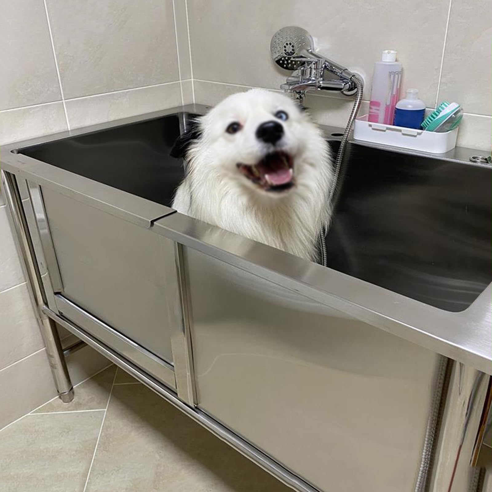 Vasca per toelettatura Cani, vasche da Bagno Professionali per Cani con Porta Scorrevole, Stazione di Lavaggio per Animali Domestici in Acciaio inossidabi,47in/120cm