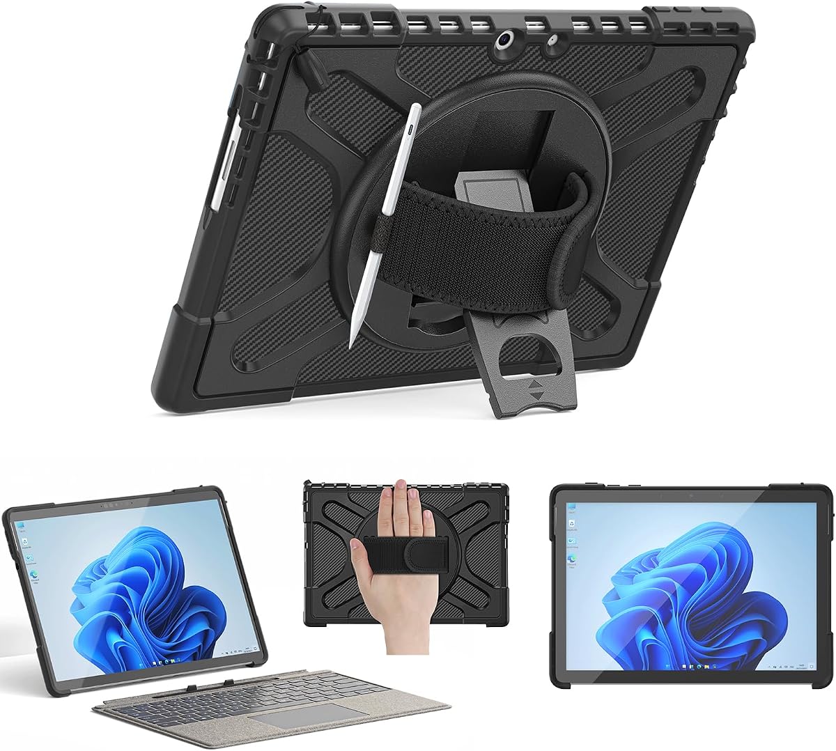 Junfire Protective Case for Microsoft Surface Go 4/3/2/1 | 360° Rotating Stand, Hand Strap, Shoulder Strap, Pencil Holder, Heavy Duty, Shockproof, Black