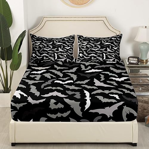 Miniatura 3 de Erosebridal Juego de sábanas góticas de Halloween con diseño de murciélagos de Halloween, diseño de sombras oscuras, diseño vintage y espeluznante