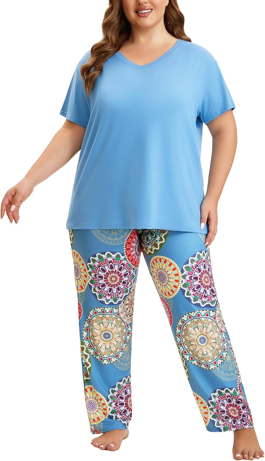 Plus Size Pajamas for Women Set, Womens Short Sleeve Tops and Long Pants Soft Pjs Lounge Sets with Pockets - Image 6