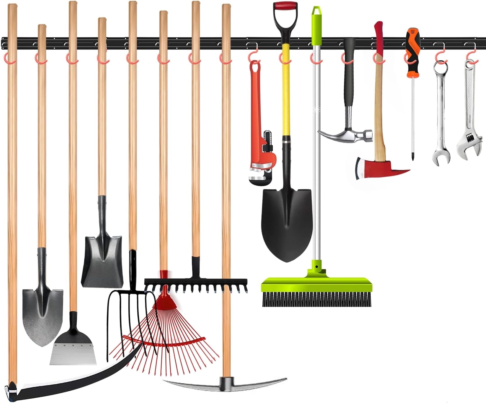 All Metal 64 Inch Wall Mount Garden Tool Organizer for Garage, Mop and Broom Holder, Yard Tool Storage Rack for Rake, Shovel, Spade, Mop, Broom(4 Rails, 16 Hooks)