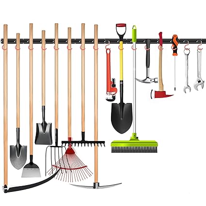WALMANN All Metal 64 Inch Wall Mount Garden Tool Organizer for Garage, Mop and Broom Holder, Yard Tool Storage Rack for Rake, Shovel, Spade, Mop, Broom(4 Rails, 16 Hooks)