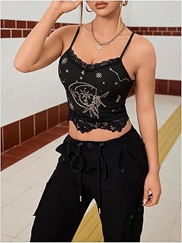 SOLY HUX Women's Y2k Lace Trim Cami Crop Top Sun Moon Print Casual