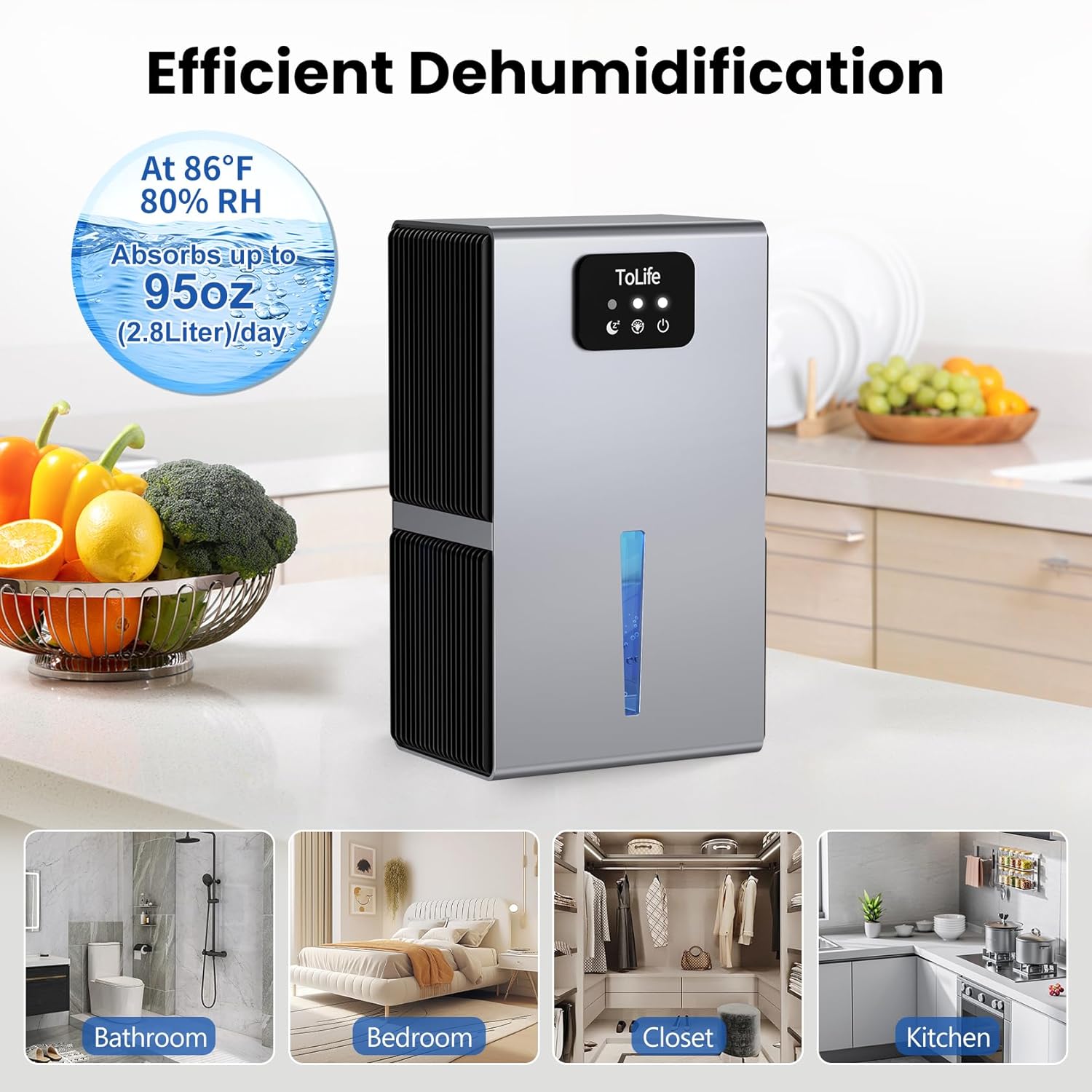ToLife Dehumidifier in various room settings