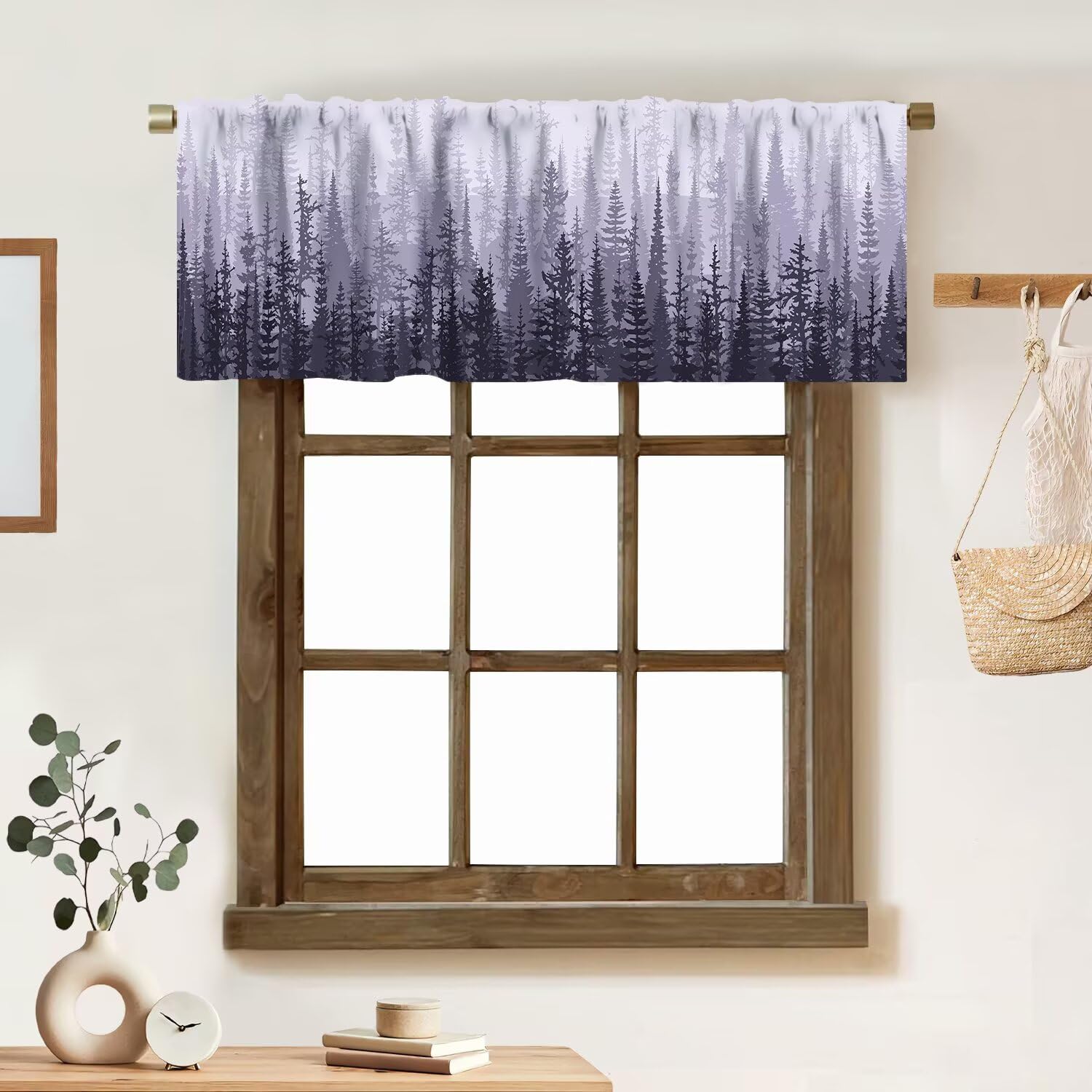 ZhiRain Foggy Forest Valance Curtain Natural Plant Landscape Coniferous Trees Rod Pocket Valance Window Treatments 1 Panel Short Curtains for Kitchen