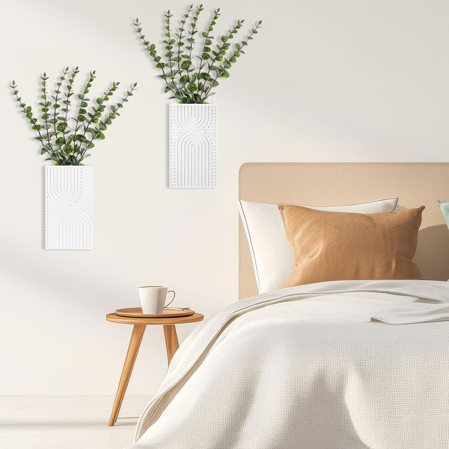 2 Pack Modern Farmhouse Wall Decor Wood Planter Vase with Artificial Eucalyptus Farmhouse Bohemian Hanging Wall Decor for Bathroom Dinning Room Living Room Hallway Bedroom(White)