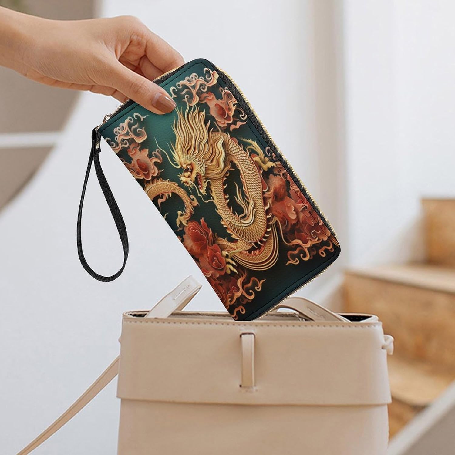 Womens Wallet Dragon Chinese Background Printed Wristlet Wallets for Women Large Capacity Credit Card Holder Ladies Phone Clutch Leather Zip Around Clutch Wallet