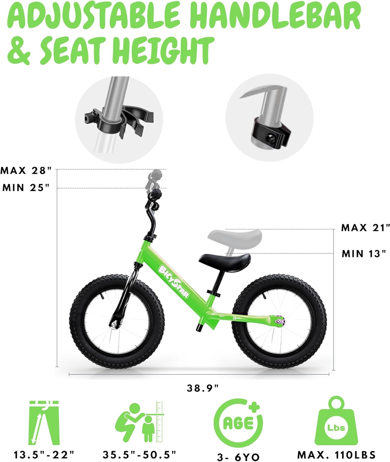 Bicystar 14 Inch Balance Bike for Kids 3-6 Year Old, No Pedals, Air Rubber Tires, Adjustable Height, Pedalless Bicycle for Boys, Girls, Green