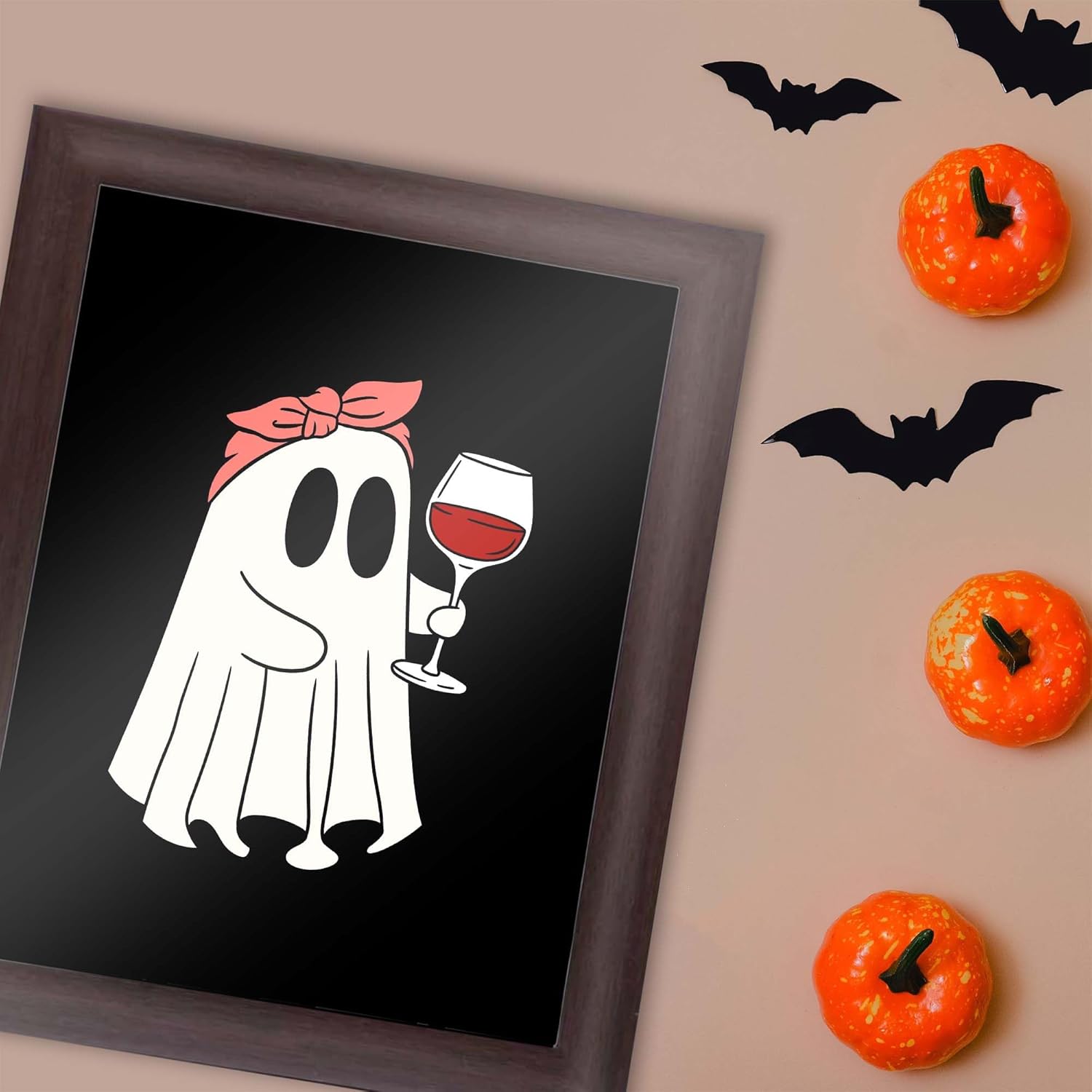 InkFlow Posters White Ghost Wine Poster - Playful Ghost with Wine Glass Illustration - Black Halloween Graphic Design - Modern Childhood Wall Decor Accent - 16x20 Unframed Canvas Print