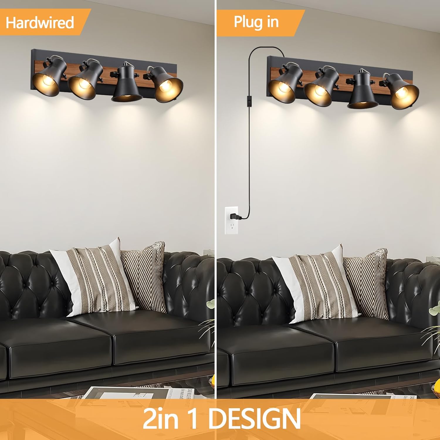 SEEBLEN 4-Light Plug-in Track Lighting, Adjustable Ceiling Spotlight,Industrial Black Kitchen Track Lighting Fixtures Ceiling for Living Room, Dining Room, Hallway,Bathroom.