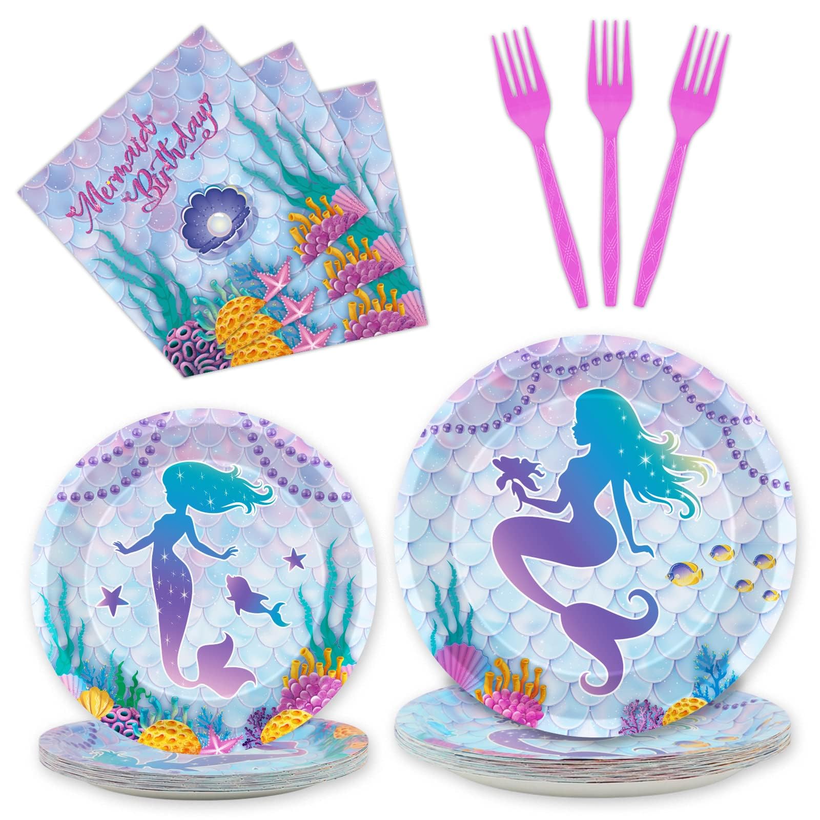 96 Pcs Mermaid Plates and Napkins Party Supplies Mermaids Ocean Birthday Tableware Set Under the Sea Party Decorations Favors for Girls Birthday Baby