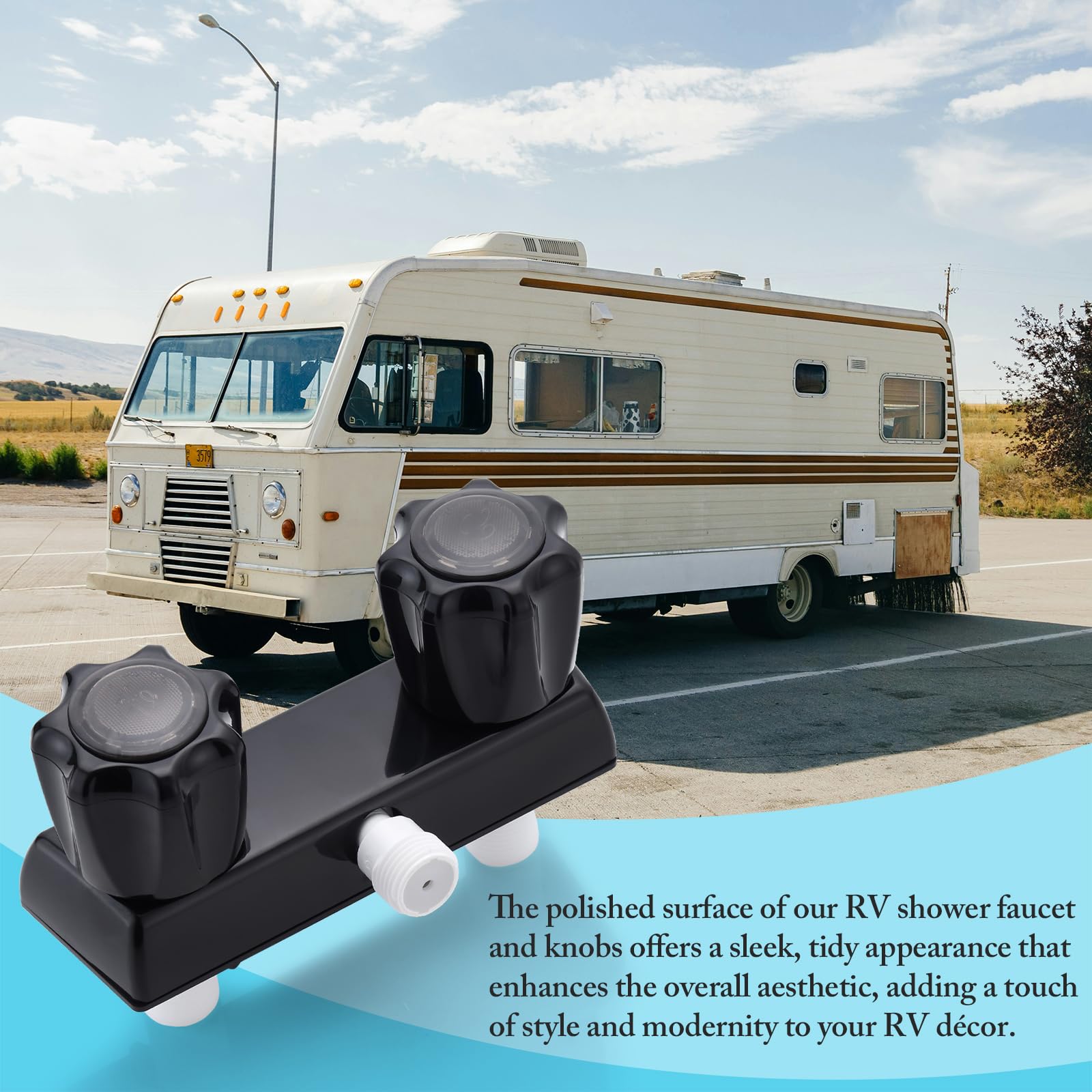 Grifo de ducha de repuesto para caravana, grifo de ducha de cámper, válvula de ducha de 4 pulgadas para exteriores e interiores, kit de ducha con pomos de ducha acrílicos dobles (negro completo)