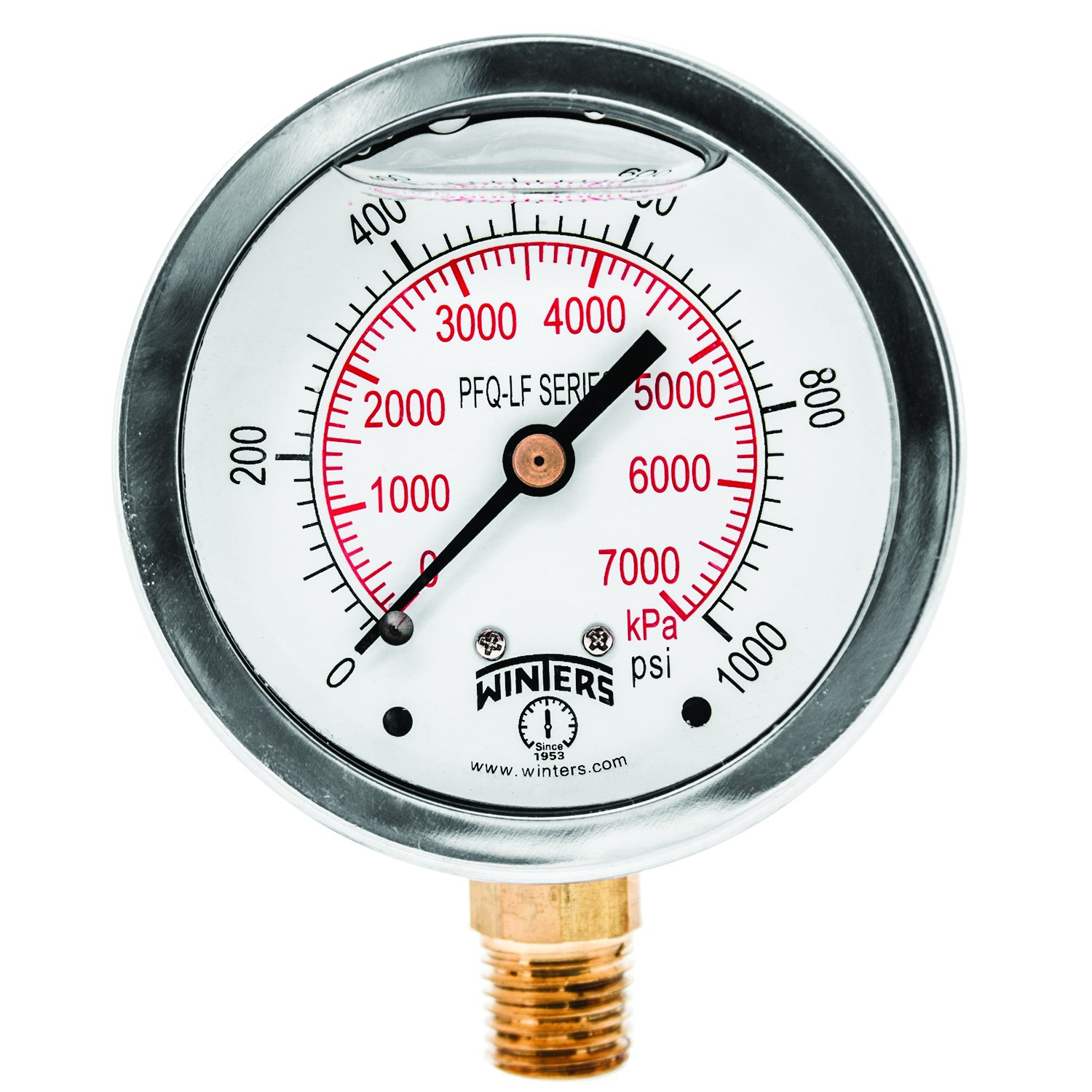 Winters 2-1/2" Dial Size, Liquid Filled Pressure Gauge, Potable Brass Internals, 304 Stainless Steel Case, Dual Scale 0-60 psi/kPa, 1.5% Acc, 1/4" NPT Bottom Mount, Drinking Water Pressure Gauge