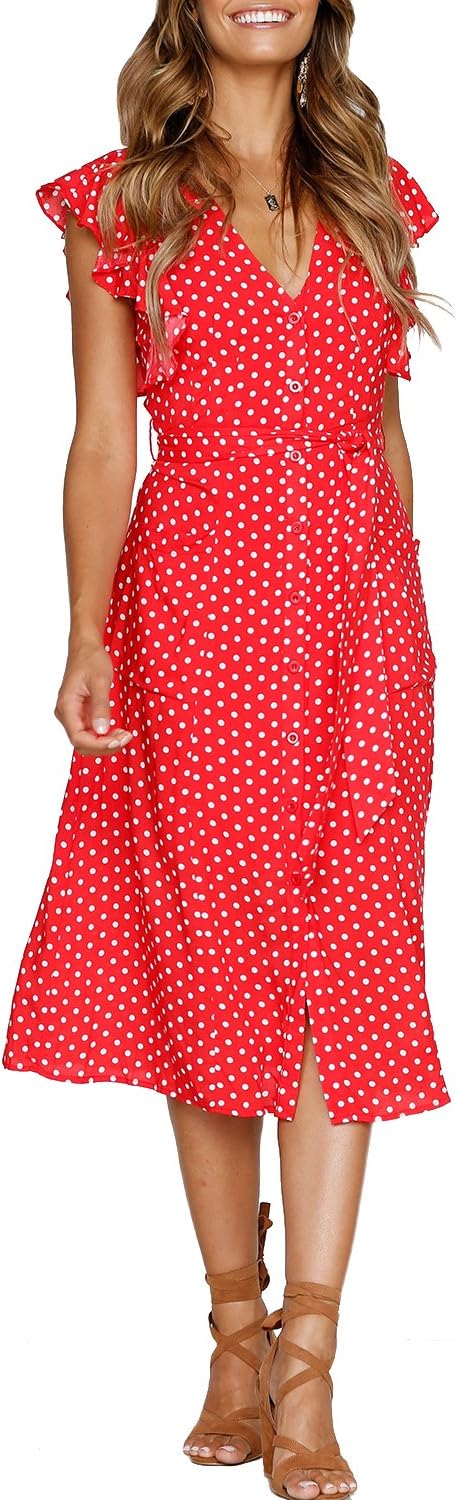 MITILLY Women's Boho Polka Dot Flutter Short Sleeve V Neck Button Down Swing Midi Dress with Pockets - Image 2