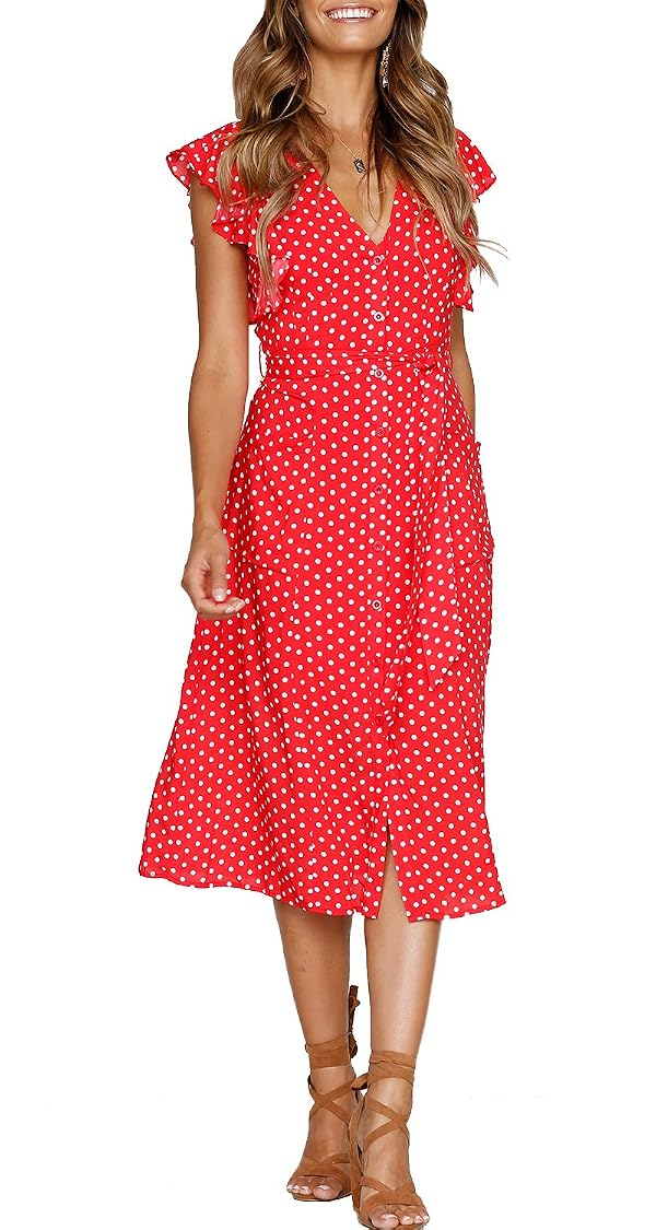 MITILLY Women's Boho Polka Dot Flutter Short Sleeve V Neck Button Down Swing Midi Dress with Pockets X-Large Red by MITILLY - Used condition - Image 2