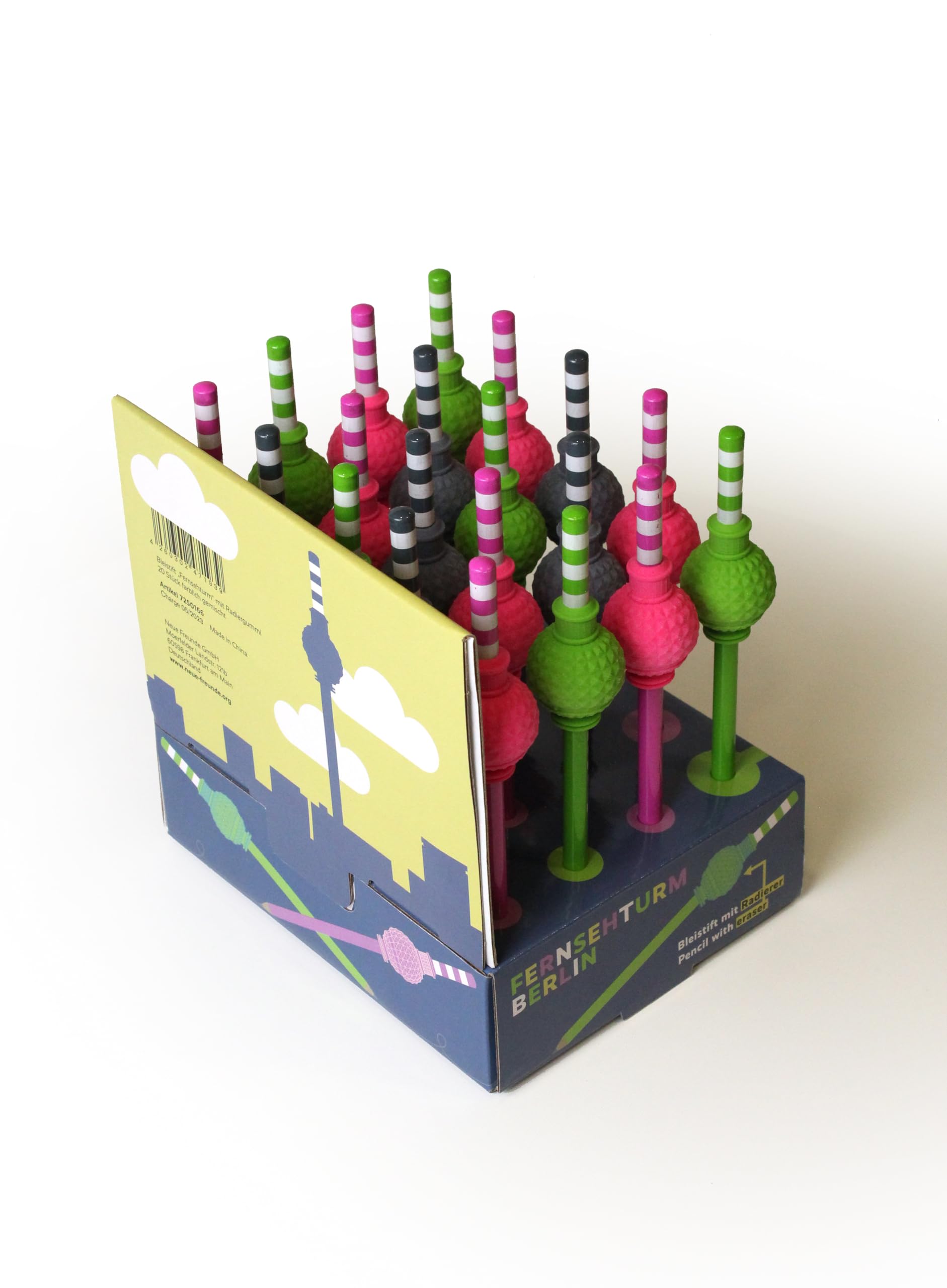 NEUE FREUNDE Berlin Bleistift mit Radiergummi - 20 Stück - Souvenir Fernsehturm Alexanderplatz - Display mit 20 Stück - HB Bleistift mit Radierer