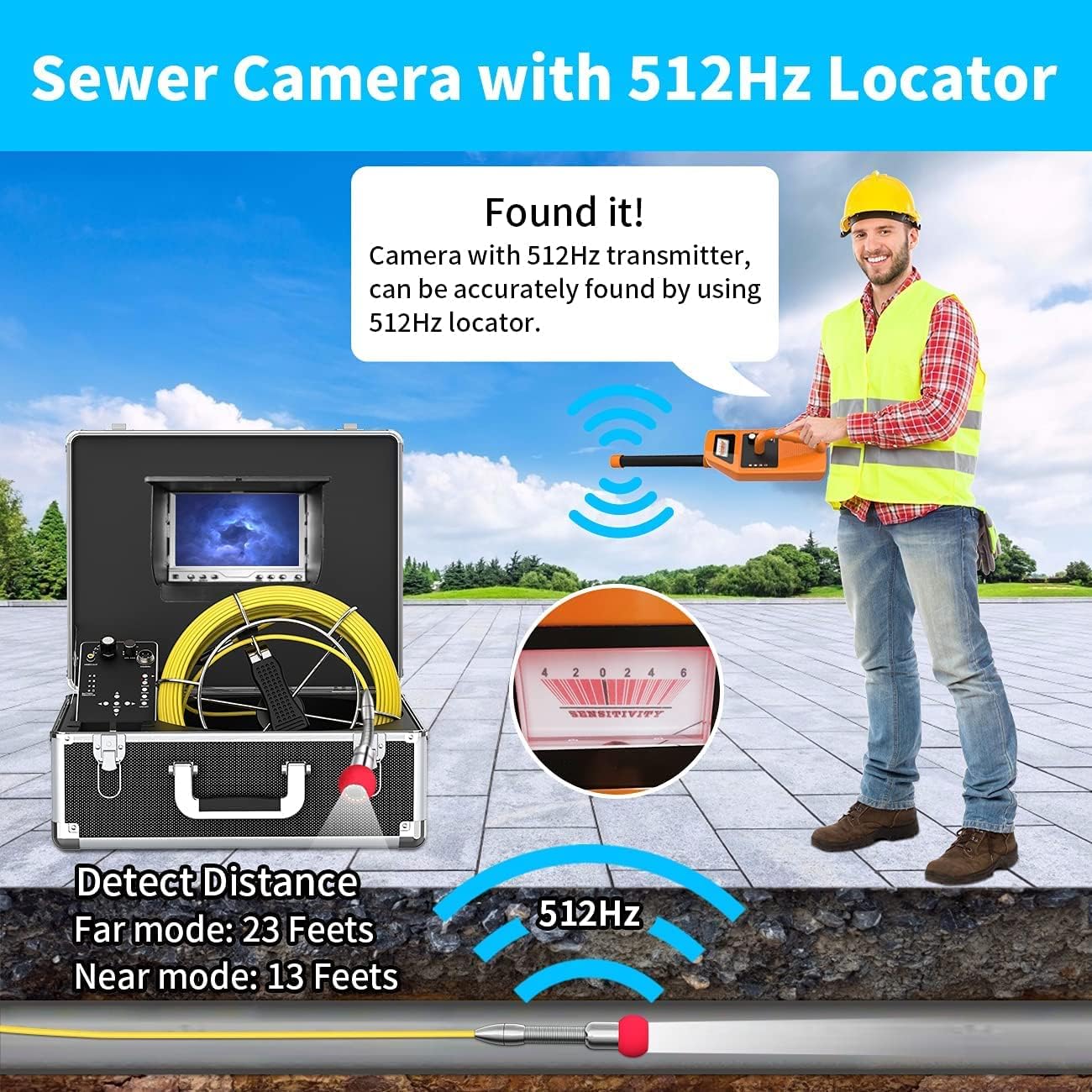 Anysun 100ft Pipe Video Inspection Camera with 512Hz Sonde and Receiver, Waterproof Drain Plumbing Camera Snake with 7' LCD Monitor DVR Recorder (8GB SD Card Included)