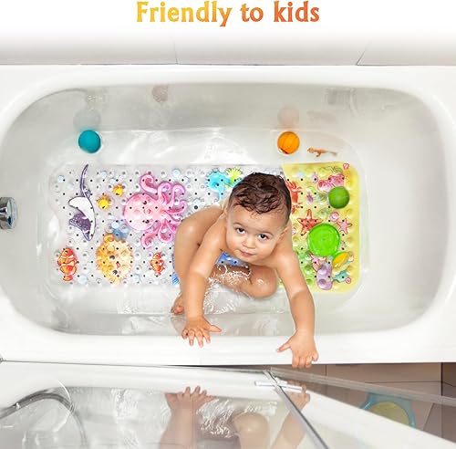 Miniatura 2 de Tapete de baño para bebé para niños, 40 x 16 pulgadas, antideslizante, con dibujos animados, con agujeros de drenaje y ventosas, lavable a máquina,