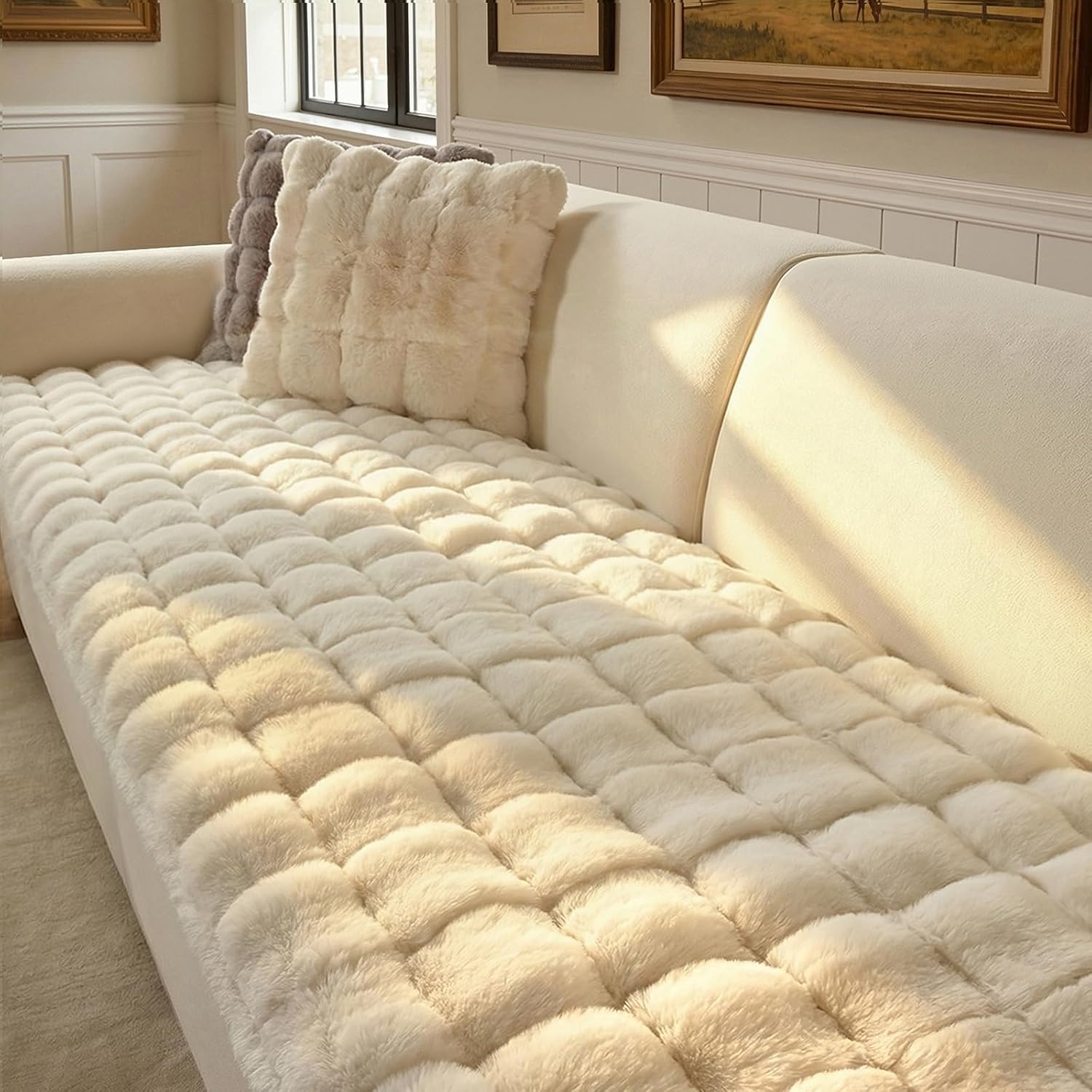 Couch Cover for Pets Plush, Non Slip Cozy Sofa Cover Pet Friendly, Soft Thick Fuzzy Sofa Slipcovers for 3 Cushions Washable Couch Sofa Funiture Protector(White,27.6'' x 59'')