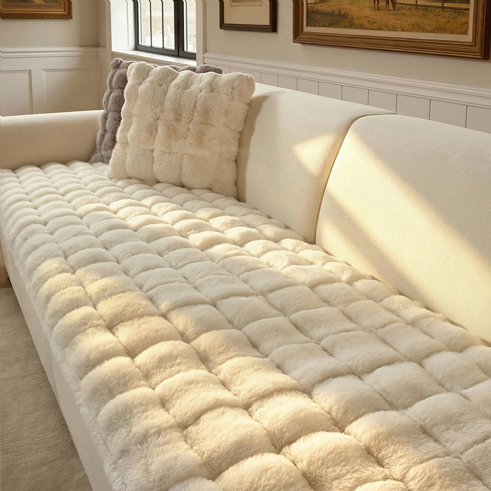 OHSIO Sofa Überzug aus Kunstfell in Kaninchen-Optik, Rutschfester Couch Überzug für 1–4 Sitzer, superweicher Sofabezug, waschbar & haustierfreundlich(Weiß, 70x210cm)