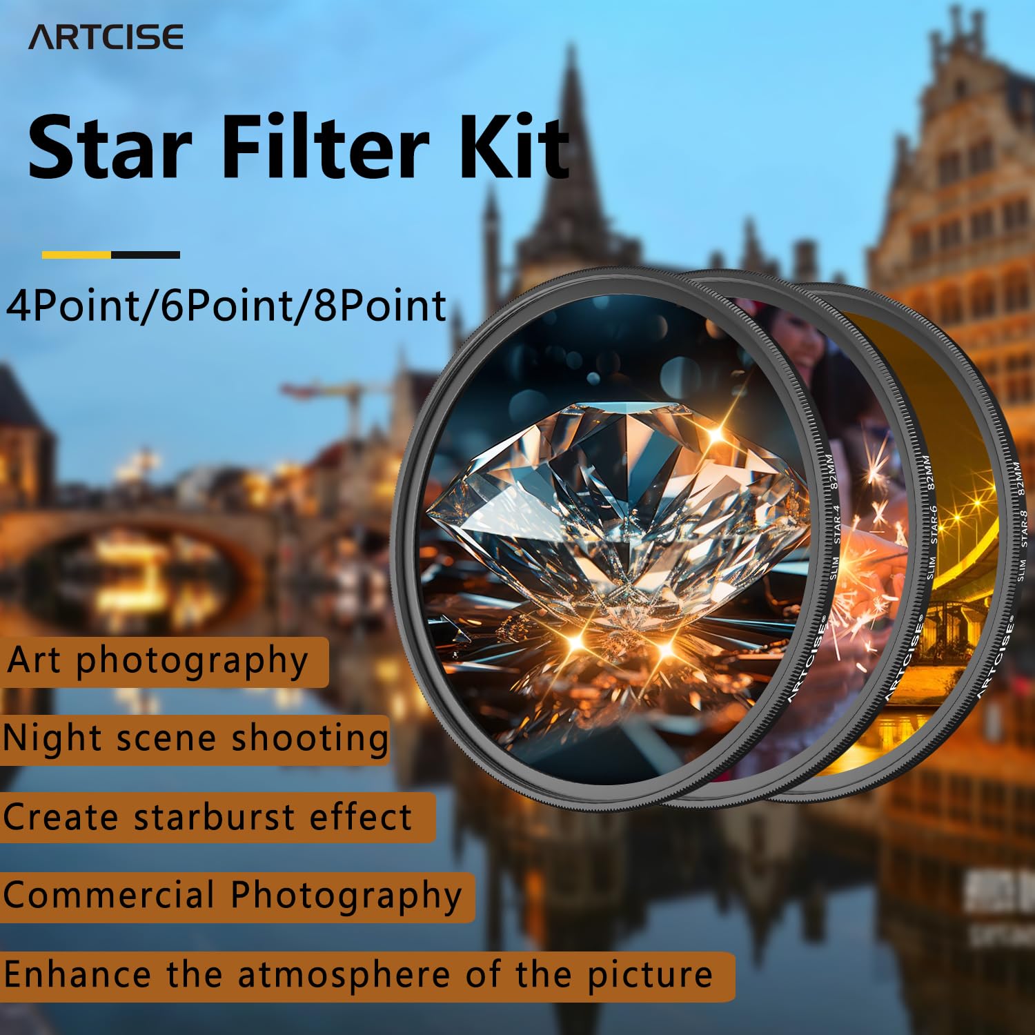ARTCISE Kit filtro stella 72 mm, 4 punti 6 punti 8 punti croce stella effetti speciali filtri lenti in vetro ottico
